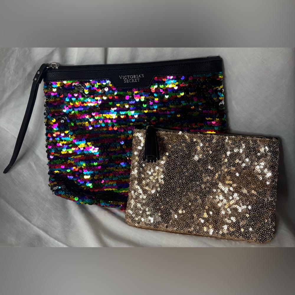 Set of 2 PINK Victoria's Secret Multicolor and Ipsy Gold Sequin Clutch Set- GUC - Picture 2 of 16